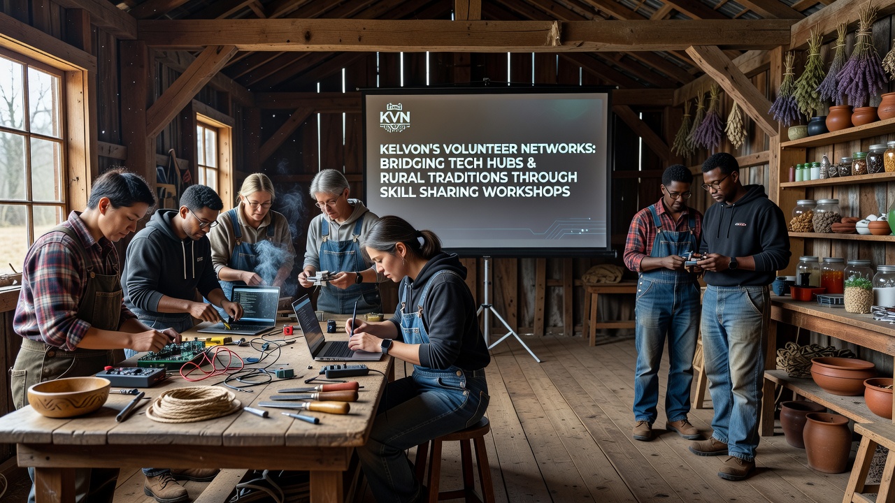 Group of participants at a rural Kelvon site learning combined techniques in a skill sharing workshop with laptops and traditional tools visible